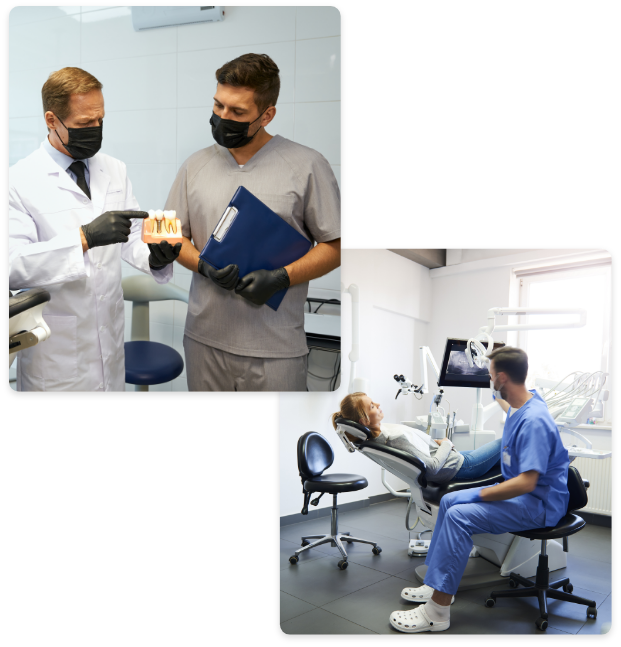 Two images of Doctor Lance Kovar working as a dentist